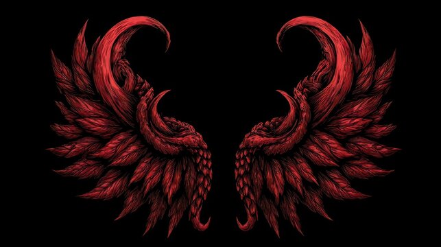 Intricate Red Feathered Wings Against Dark Background Symbolizing Power And Mysticism