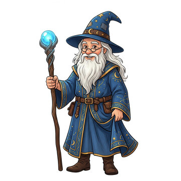 Cartoon santa claus character with blue hat and staff standing in winter