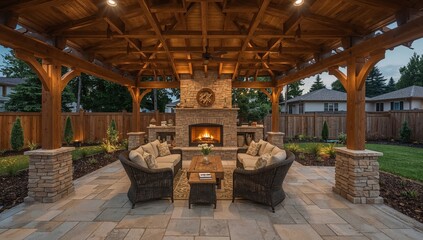 Obraz premium Backyard Outdoor Space With a Wooden Pergola and a Stone Fireplace for Evening Gatherings