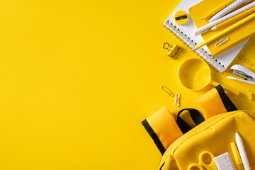 Yellow back to school supplies flat lay with backpack, notebook and stationery on bright background © ActionGP