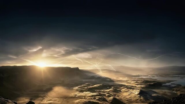 Sun rising over a primordial landscape. Divine light illuminating the earth during genesis. Biblical creation concept with cosmic energy and heavenly glow.