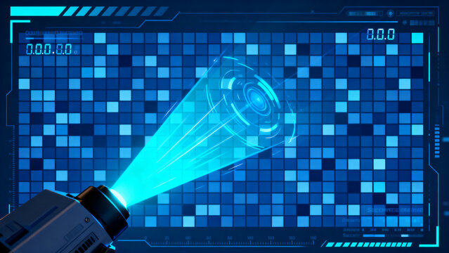 Futuristic digital radar interface displaying a blue scanning beam sweeping across a virtual grid, symbolizing advanced data detection, cybersecurity, surveillance, monitoring, network protection, rea