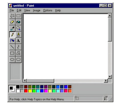 Retro computer graphics software interface with blank canvas and tool palette