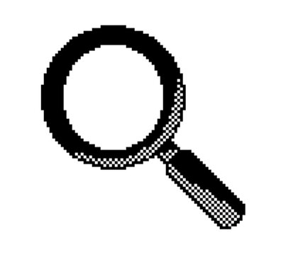 Pixel art style magnifying glass icon isolated on white background with research