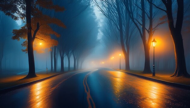 foggy atmospheric night scene impressionistic street with curved road tall trees lining both sides warm orange light from street lamps cool bluish mist wet asphalt reflecting light da
