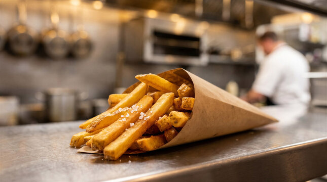 Crispy golden french fries in brown paper cone envelope on commercial restaurant kitchen background
