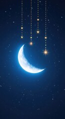 Naklejka premium Glowing crescent moon and golden stars suspended from delicate string lights against a deep blue midnight winter sky with soft snowy haze, bright, festive, cosmic