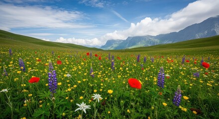 Fototapeta premium Lush green alpine meadows bloom with vibrant wildflowers under a vast blue sky and soft white clouds, creating a peaceful mountain vista, grass, grassland, floral