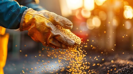 Obraz premium Harvesting fresh soybeans a gloved hand transfers grain into a container amidst silos and crane
