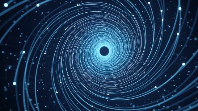 Abstract digital spiral tunnel with glowing light particles