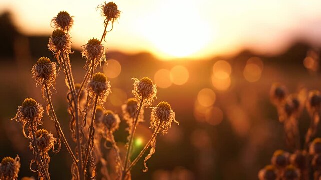 Dried wild plants in field at golden hour sunset.