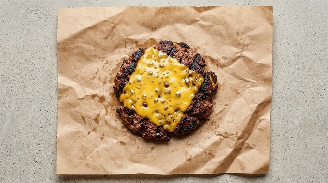 Charred edge cheeseburger patty resting on a butcher paper wrap flat lay