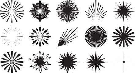 Obraz premium Collection of black sunburst, starburst, and radial set of fifteen shapes on white background, rays explosion
