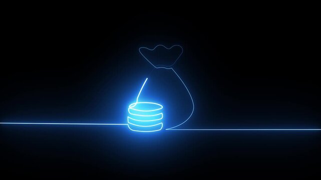 Glowing blue neon line art of a money bag and a coin on a dark background
