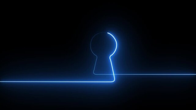 Glowing blue keyhole shape made of a single continuous neon light line on a dark black background