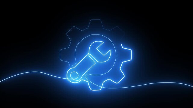 Glowing blue neon gear and wrench icon drawn with a single continuous light line on dark background