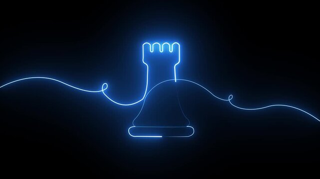 Glowing blue neon light rook chess piece outline drawn with a single continuous line on black