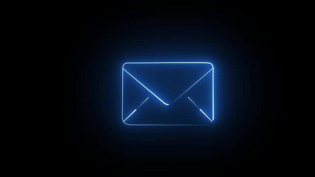 Glowing blue neon envelope icon representing email communication on a dark black background
