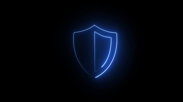 Glowing blue neon shield icon representing digital security and data protection on black background