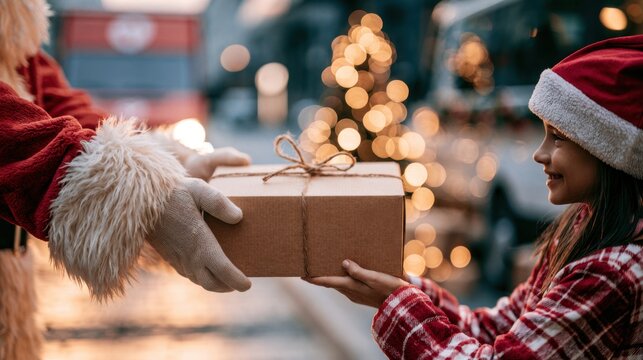 Santa gives a wrapped Christmas gift to a happy child under twinkling holiday lights on a winter street