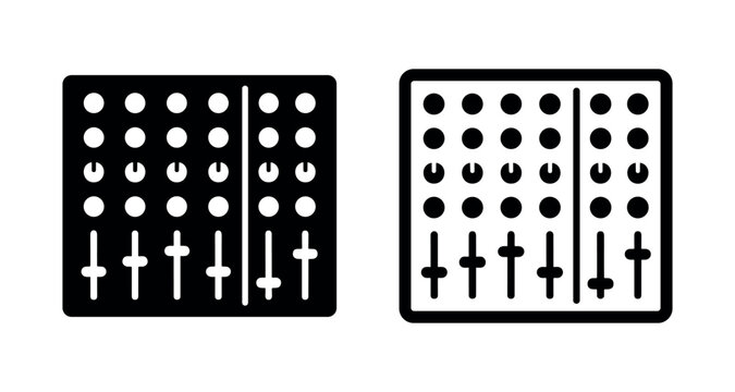Audio Mixer Icon Set. Sound Control Panel with Faders and Knobs in Solid and Outline Style.