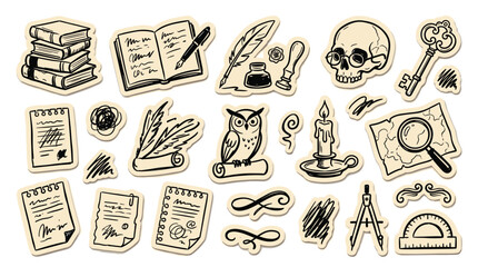 Obraz premium Vintage sketch set of old books, quill pen, inkwell, skull, and key, evoking a sense of history, learning, and mystery.