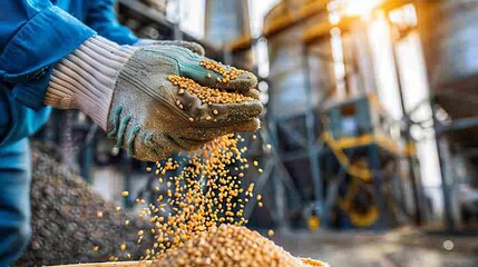 Obraz premium Harvesting soybeans a gloved hand scoops grains into a container amidst silos and a crane