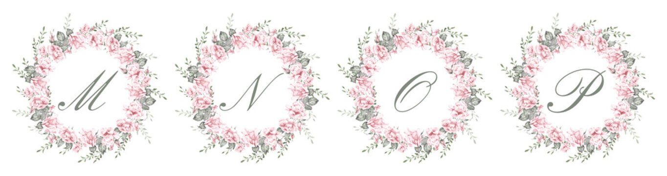 Watercolor floral alphabet set featuring the letters M, N, O and P surrounded by elegant pink rose wreaths and delicate greenery. Romantic botanical monograms for wedding invitations, branding and sta