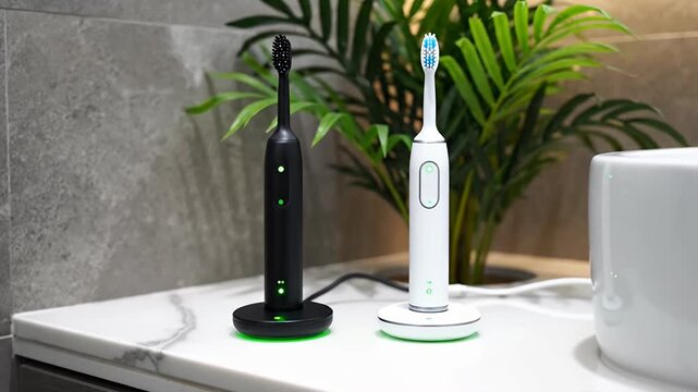 Pair of sonic electric toothbrushes on a marble counter.
