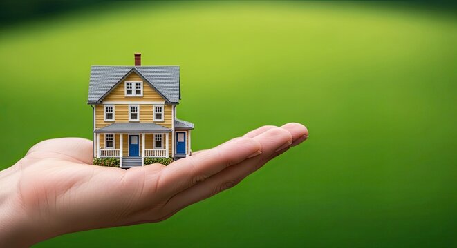 Hand holding miniature house model on green grass background real estate investment
