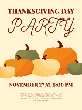 Thanksgiving Day party invitation template with colorful pumpkins and space for event details