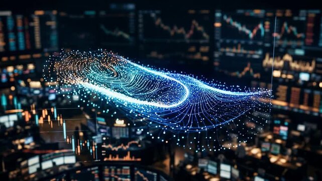 Focused display of a sophisticated multiasset riskreturn frontier generated by quantum algorithms with blurred financial dashboards creating depth.