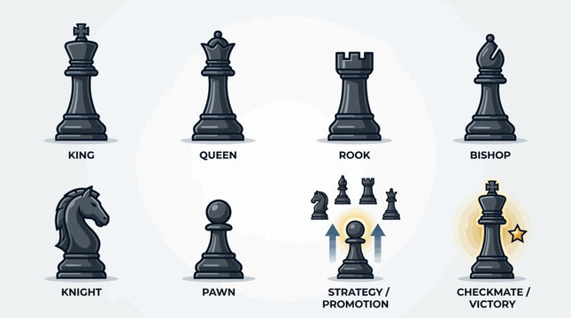 Chess pieces, black, icons set, strategy, promotion, checkmate, victory