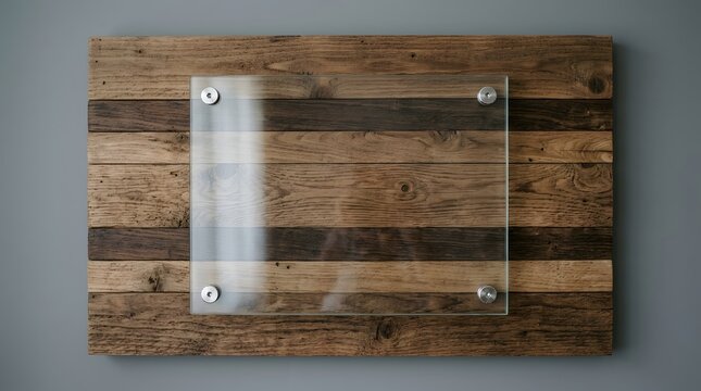 Rustic wooden plank wall with clear glass panel and metal fasteners