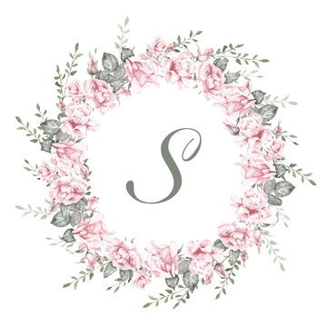 Elegant watercolor letter S surrounded by a delicate wreath of blush pink roses and greenery. Hand painted floral monogram for wedding stationery, branding and invitations.