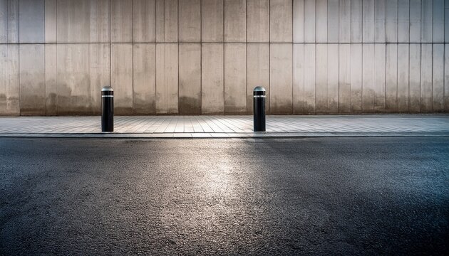 sidewalk pole with long concrete wall and street background for text area