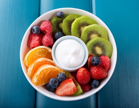 bowl of vibrant fruit slices and berries surrounding small white cream cup