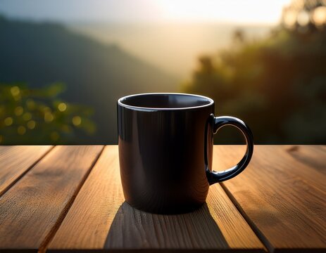modern black coffee mug on a rustic wooden table with morning light suitable for adding inspirational quotes or company logos