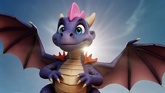 Adorable purple cartoon dragon roaring and smiling in a sunny sky