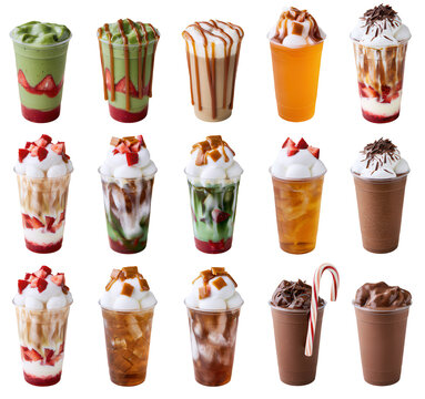 A collection of colorful milkshakes on transparent background