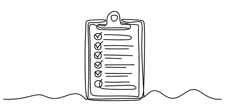Continuous single line drawing of a clipboard with a checklist of tasks isolated on a white background for business planning and office management Vector, illustration