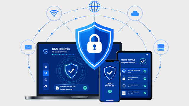 Multi Device Cybersecurity Protection System Flat Illustration Secure Digital Devices Network Security