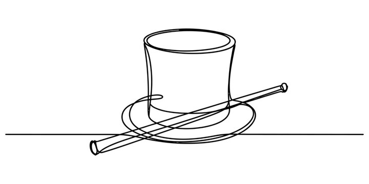 Continuous single line drawing of a magic top hat with a magic wand Vector, illustration