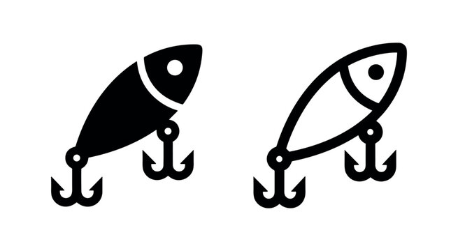 Set of two fishing lure icons, solid and outline, isolated on white background