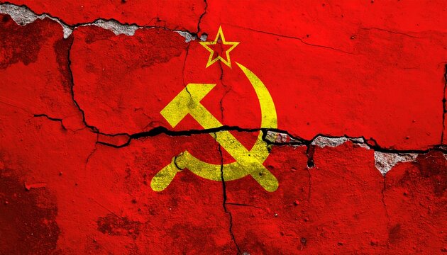 "Soviet Union flag with hammer, sickle, and star on cracked wall, symbolizing collapse, division, and historical-political tension."