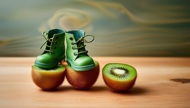 sepatu bot hijau mini berdiri di atas irisan buah kiwi segar konsep bisnis unik dan kreatif di meja kayu