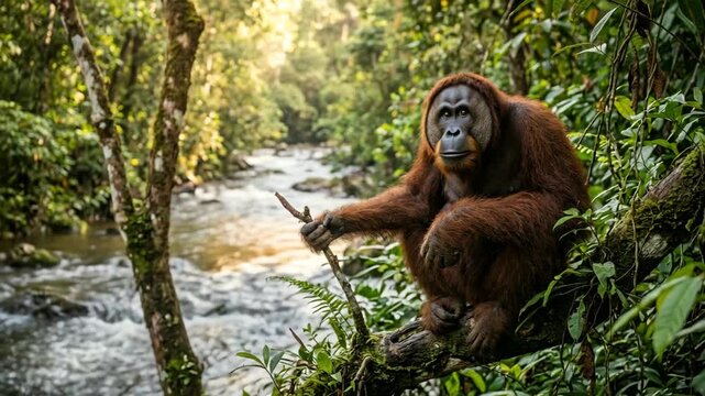 ape monkey on branch near congo river rainforest close up video