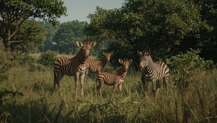 Obraz premium Zebras Stand Together in a Grassy Area During Daytime Under Clear Skies in a Natural Setting
