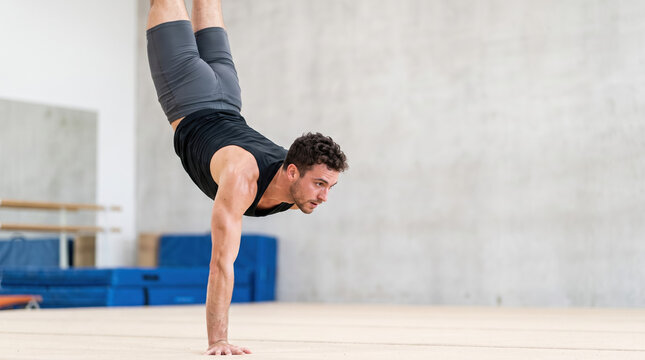 Impressive one-arm handstand performed by male gymnast in modern training space, showcasing strength and balance. One-arm handstand requires incredible skill and control