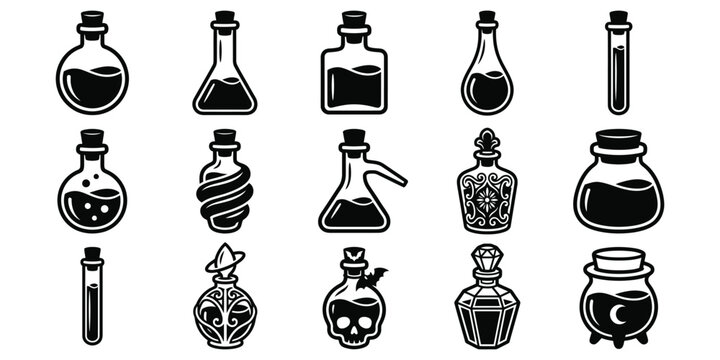 Spooky halloween potions and elixirs black silhouette vector set for witchcraft and occult designs